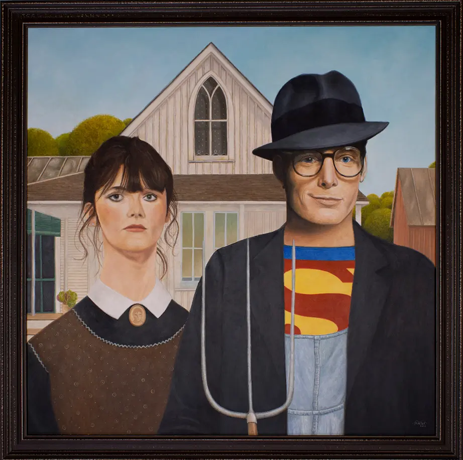 Obra de arte pop inspirada en "American gothic" de Grant Wood con Christopher Reeve y Margot Kidder (Superman the movie). Pintura original de Marco Santos.
