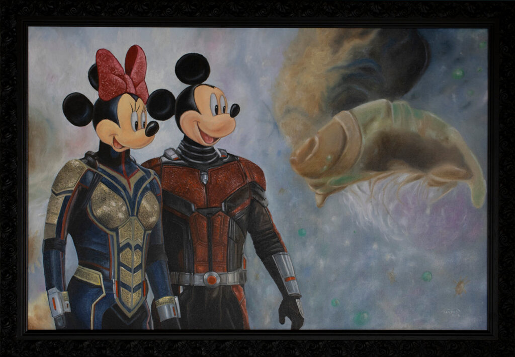 Quadro a óleo sobre a união de Ant-man and the wasp com Mickey e Minnie. Marco Santos