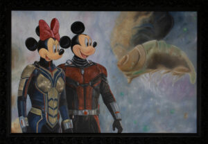 Oil painting about Ant-Man and the wasp, Mickey and Minnie Mouse