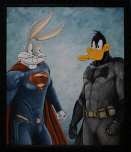 Pintura al óleo sobre la unión de Superman y Batman con Bugs bunny y Pato Lucas