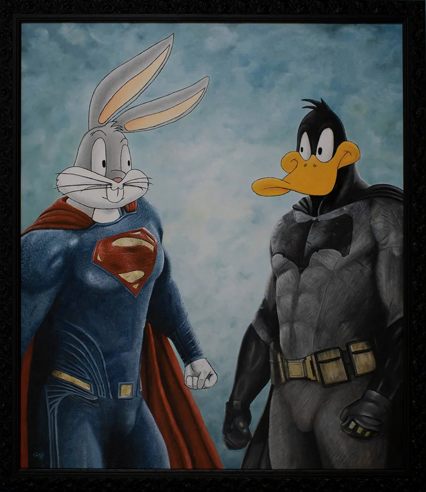 Pintura al óleo sobre la unión de Superman y Batman con Bugs bunny y Pato Lucas. Marco Santos