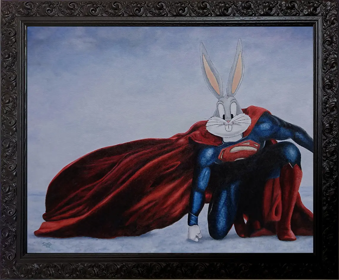 Cuadro al óleo con la unión de Superman y Bugs Bunny. Marco Santos