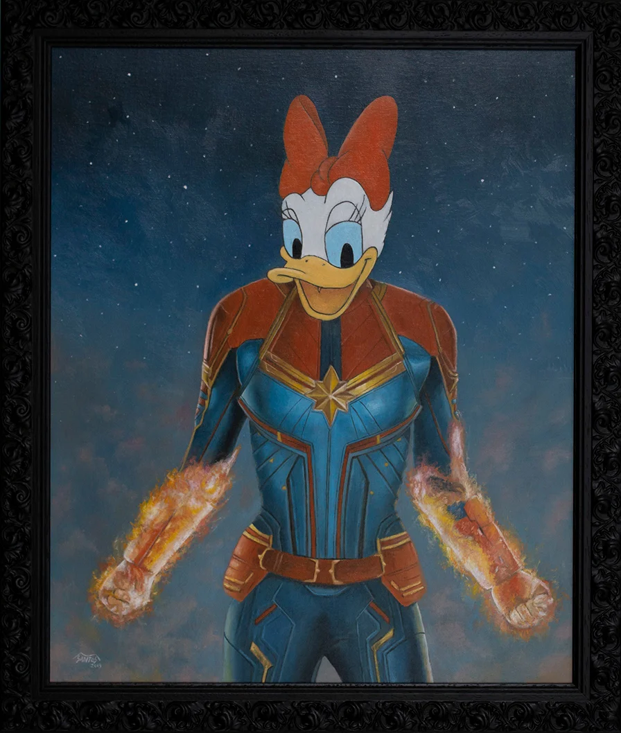 Cuadro al óleo sobre la unión de Capitana Marvel con Daisy (Disney). Marco Santos