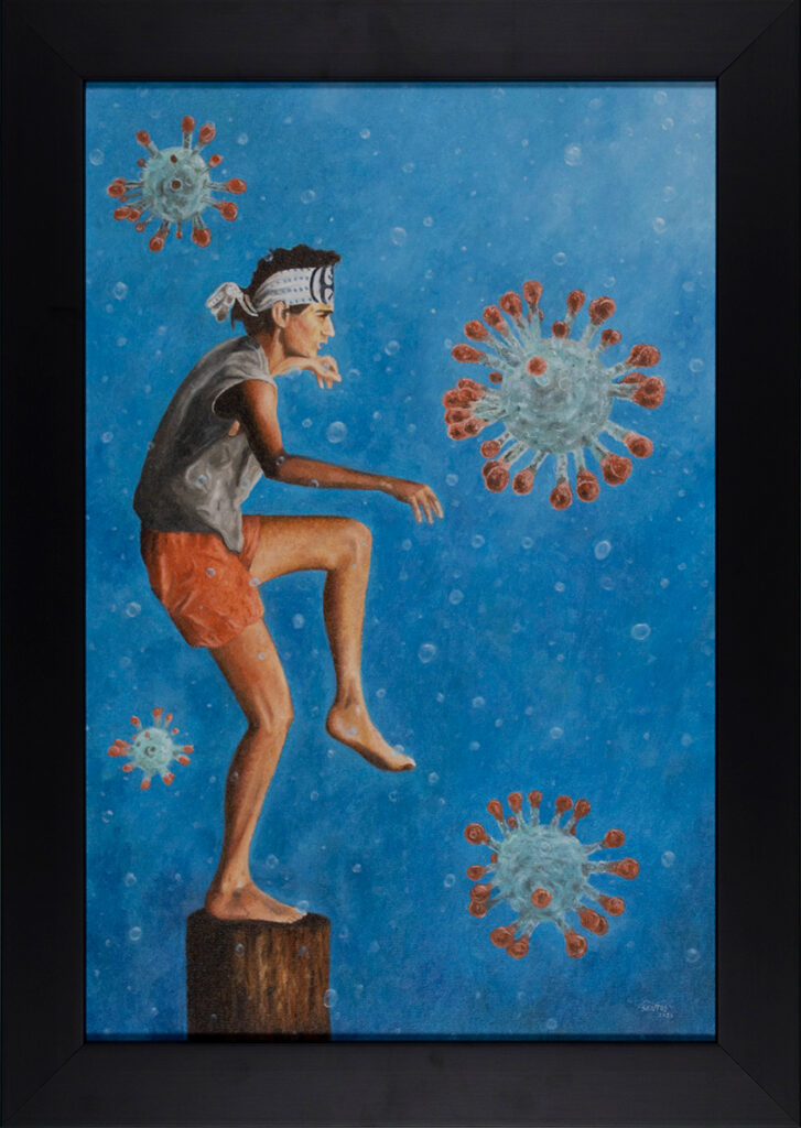 Artwork about Daniel Larusso training to win COVID-19. Marco Santos