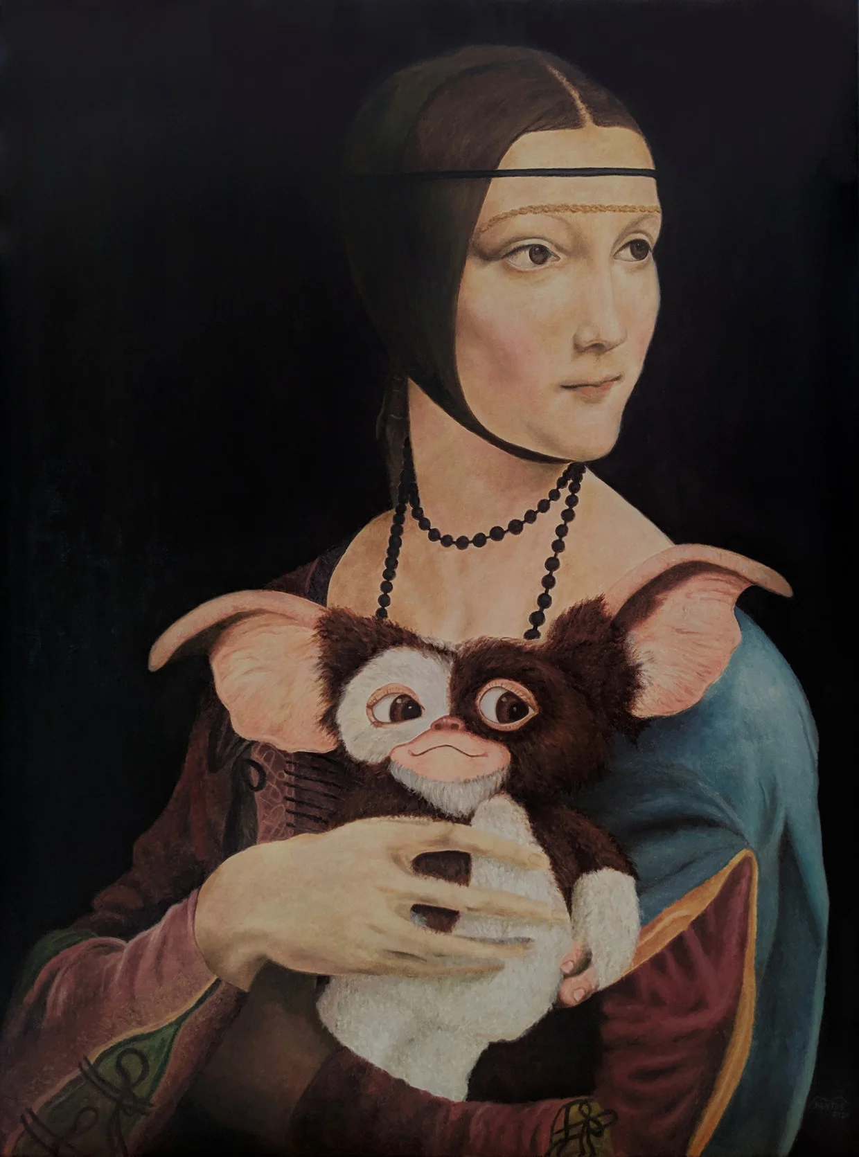 Cuadro pop de La Dama del Armiño (Da Vinci) con Gizmo (Gremlins). Marco Santos