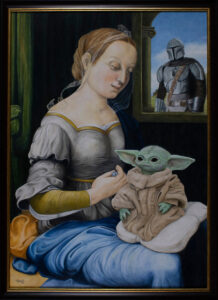 Painting based on "Madonna of the pinks" by Raphael with Grogu (Baby Yoda)