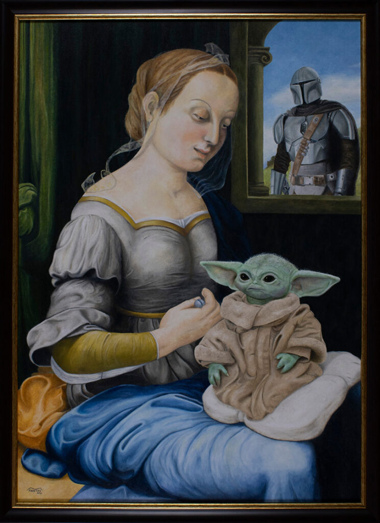 Obra de arte pop inspirada na "Madona dos cravos" de Rafael com o Grogu (Baby Yoda). Pintura original de Marco Santos.