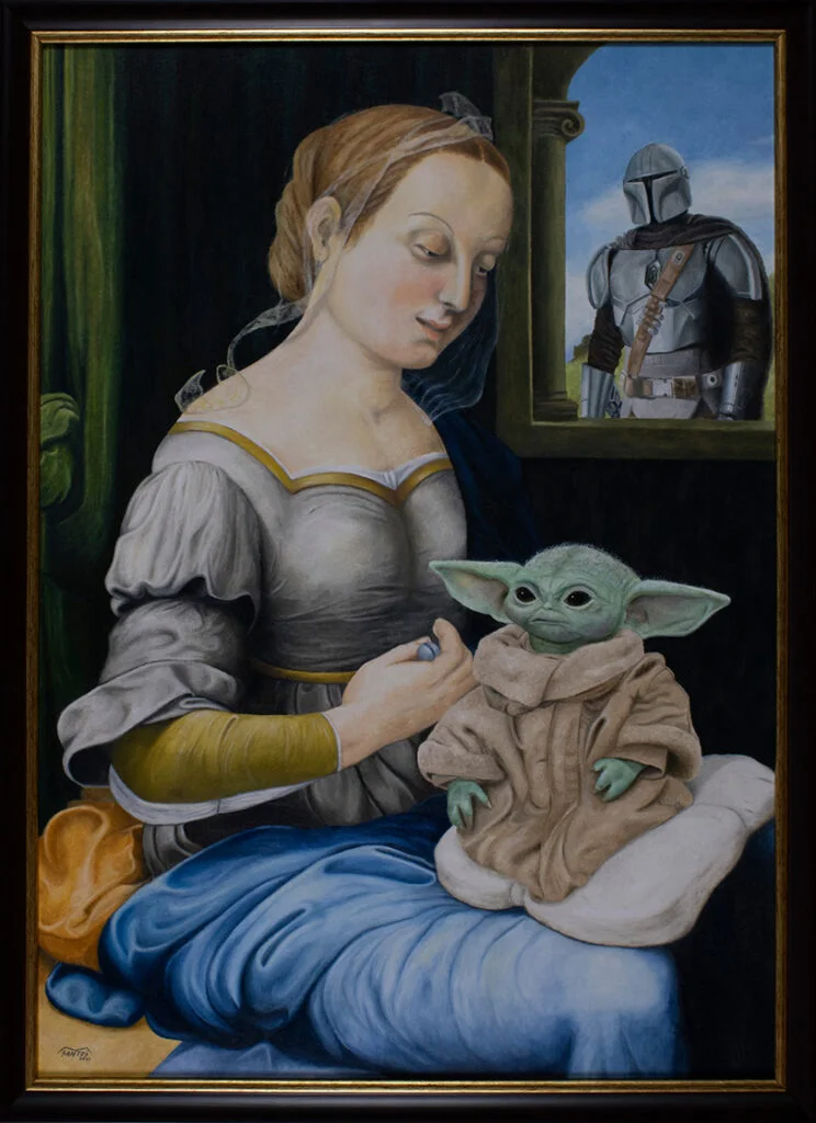 Obra de arte pop inspirada en "Virgen de los claveles" de Rafael con Grogu (Baby Yoda). Pintura original de Marco Santos.