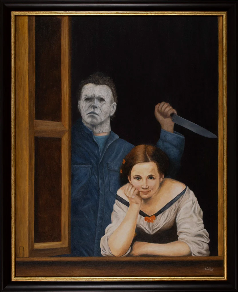 Obra de arte pop inspirada en "Mujeres en la ventana" de Bartolomé Esteban Murillo con Michael Myers. Pintura original de Marco Santos.
