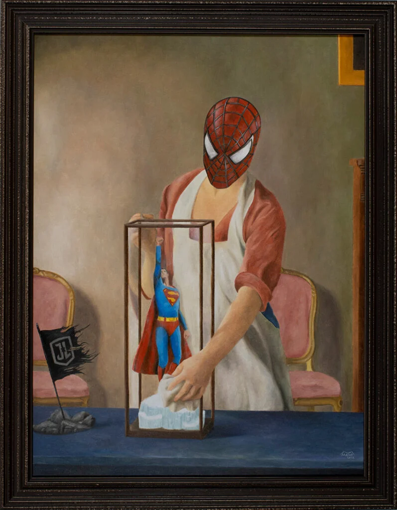 Obra de arte pop inspirada en "the figurine" de william paxton con elementos de superman the movie, spiderman y zack snyder's justice league. Pintura original de Marco Santos.