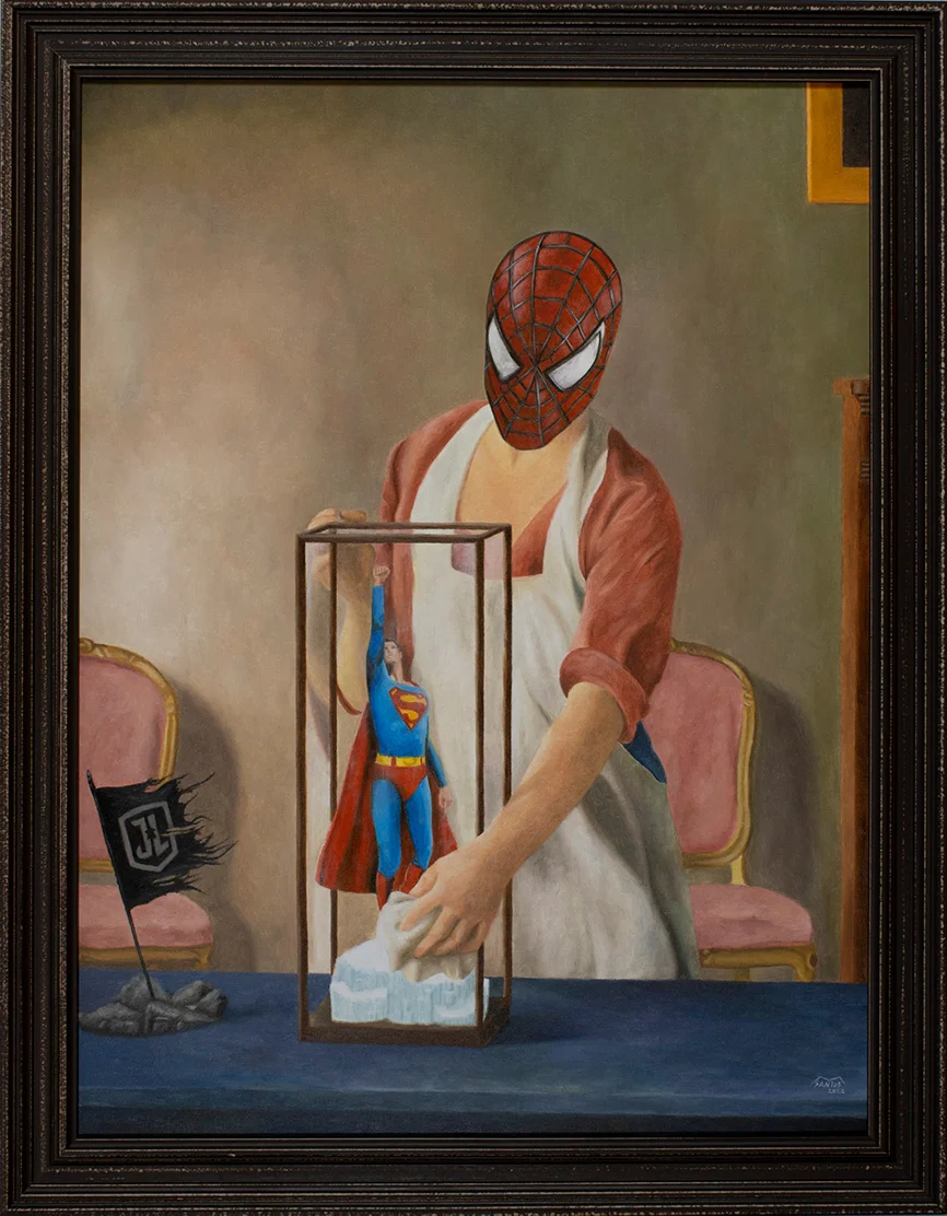 Pintura pop inspirada em “The Figurine” de William McGregor Paxton, com figuras colecionáveis de Superman: The Movie, Spider-Man de Sam Raimi e Justice League de Zack Snyder. Obra original de Marco Santos.