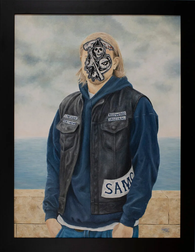 Obra de arte pop inspirada en "El hijo del hombre de Magritte" con Jax Teller de Hijos de la anarquía. Pintura original de Marco Santos.