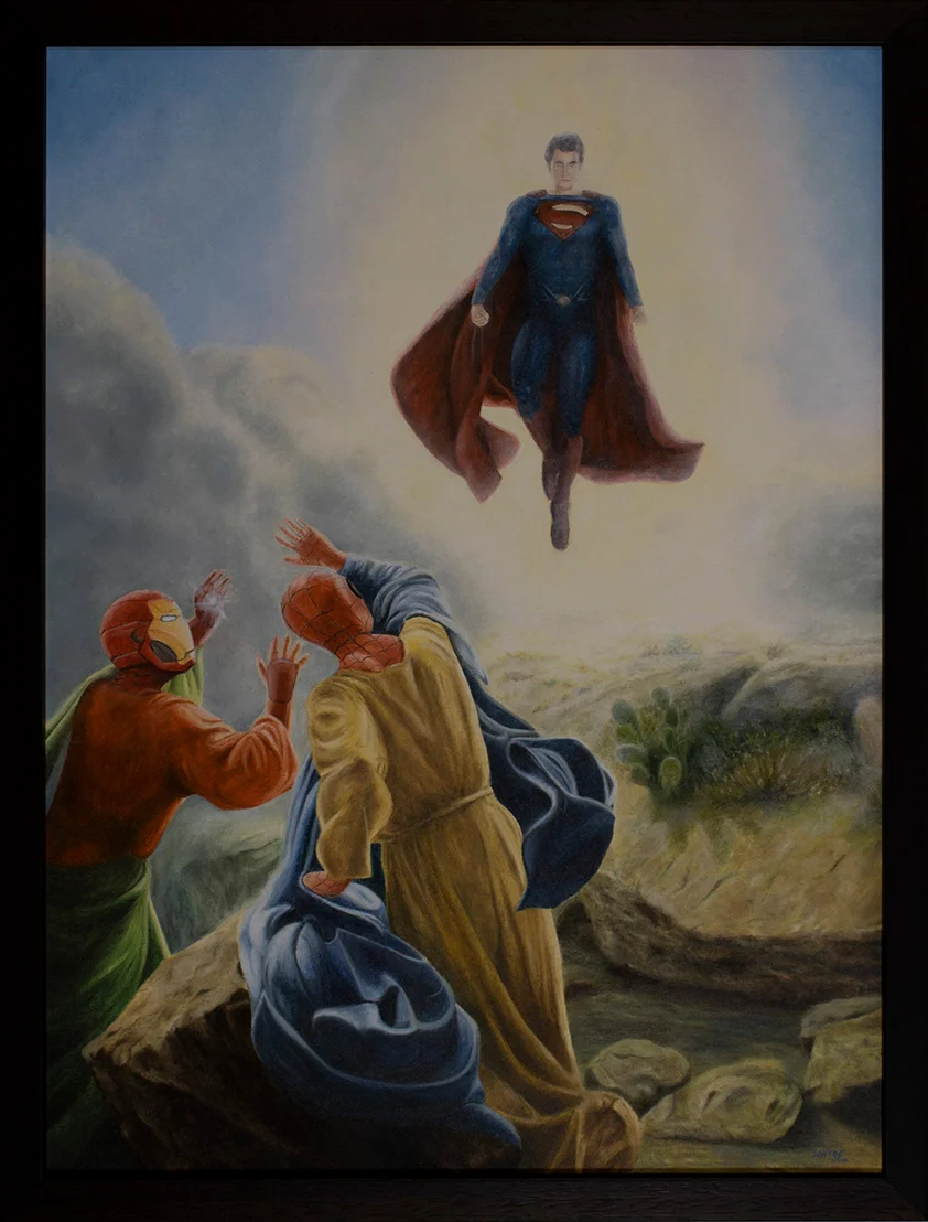 Obra de arte pop inspirada en la transfiguración de Jesus de Carl Heinrich Bloch, con Superman, iron man y Spider-Man. Pintura original de Marco Santos.