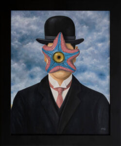 Painting based on "The great war" by Magritte with miniature duplicate of Starro the Conqueror.