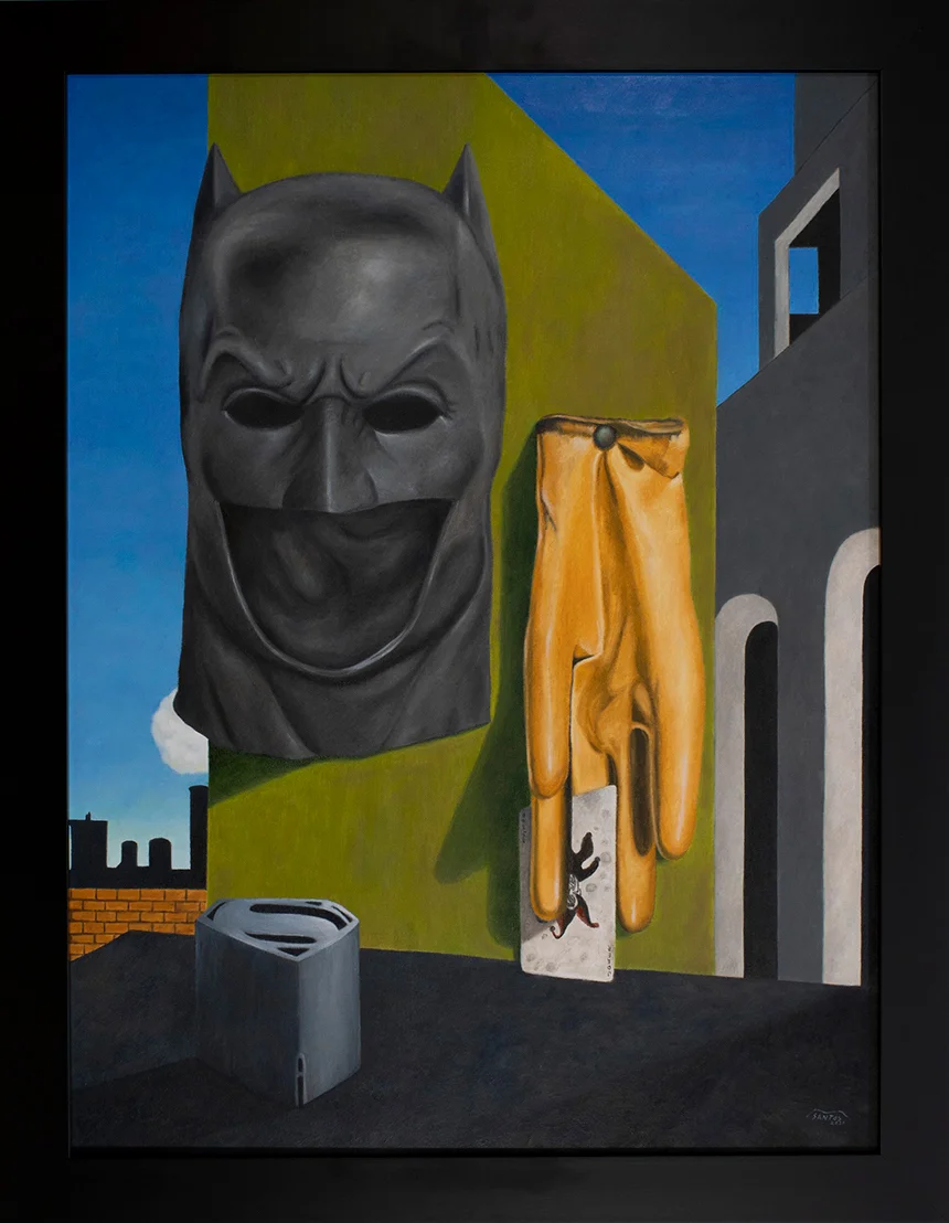 Obra de arte pop inspirada "La canción de amor" de Giorgio de Chirico con La Liga de la Justicia de Zack Snyder. Pintura original de Marco Santos.