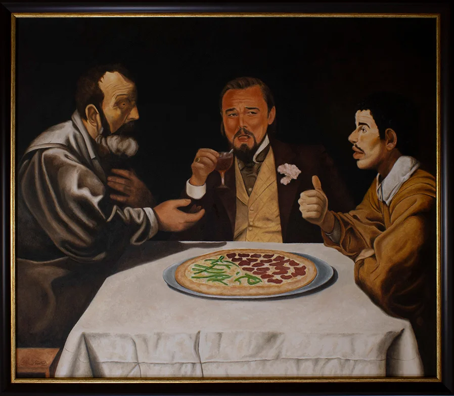 Obra de arte pop inspirada en "El almuerzo" de Diego Velázquez con Calvin J. Candie (Django Unchained). Pintura original de Marco Santos.