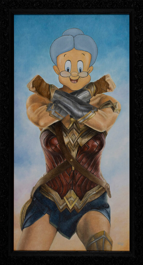 Quadro a óleo sobre a união da Mulher Maravilha com a Granny dos Looney Tunes. Marco Santos