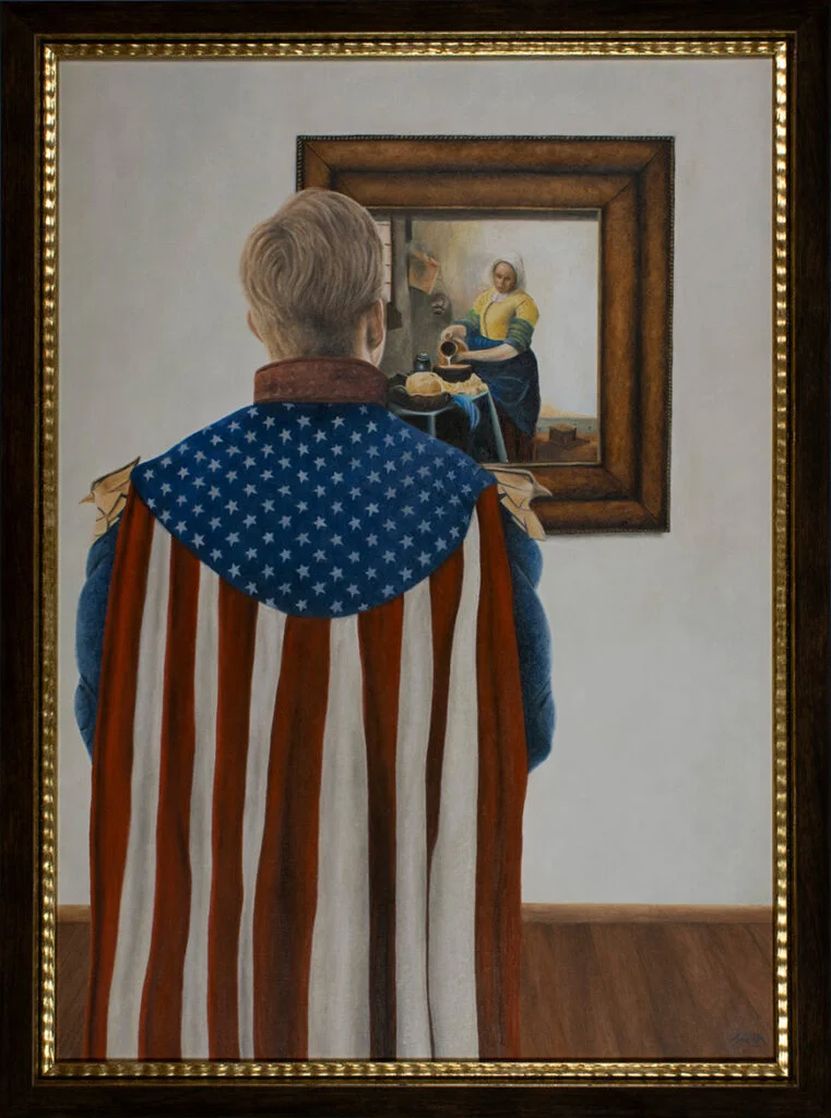 Obra de arte pop de Homelader con el cuadro la lechera de Vermeer. Marco Santos