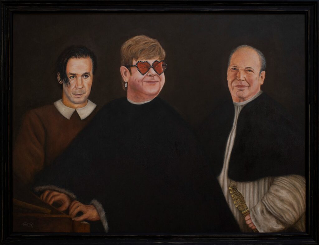 Obra de arte pop inspirada em O concerto de Tiziano com Rammstein, Elton John e Hans Zimmer. Pintura original de Marco Santos.