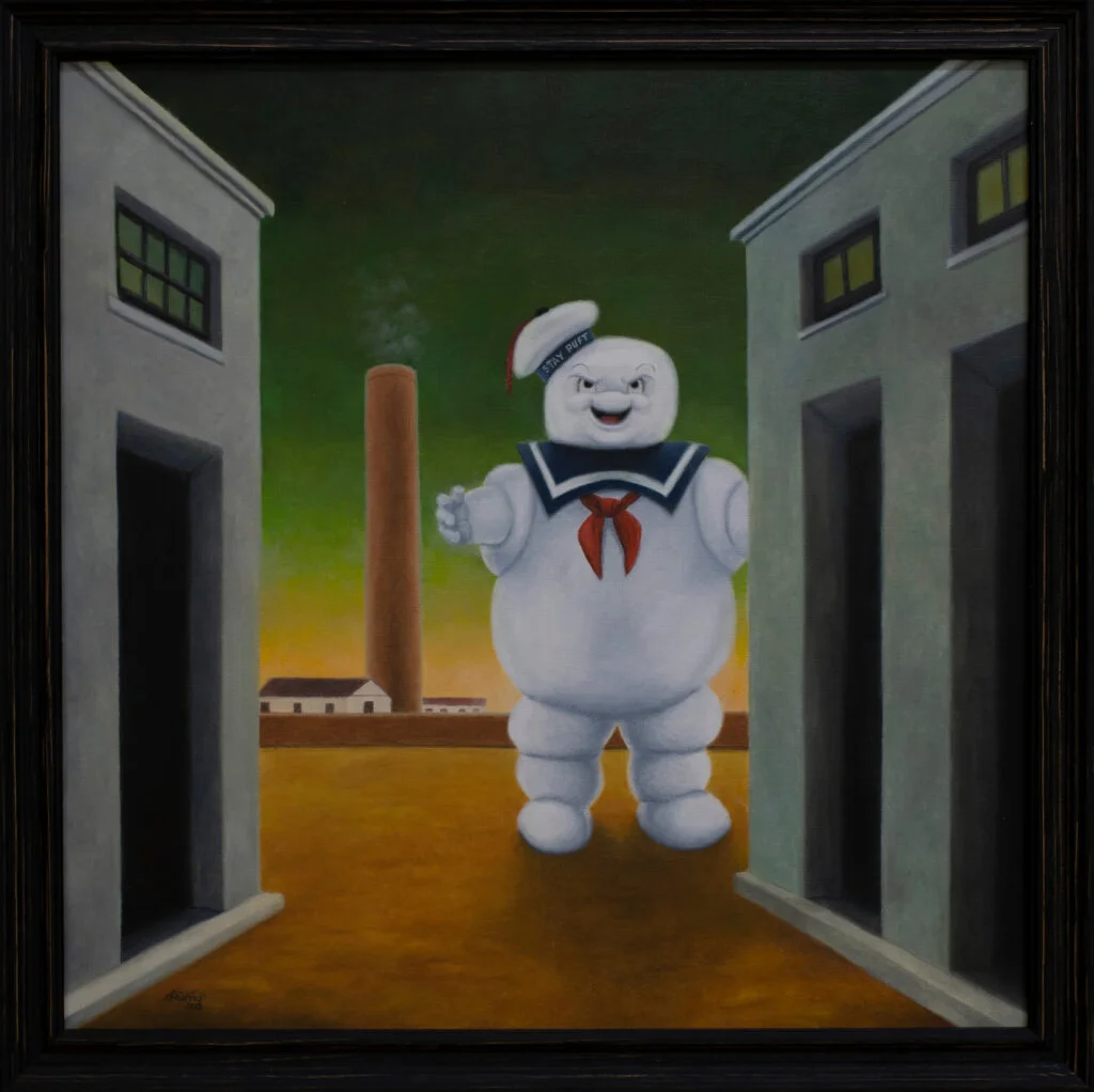 Obra de arte pop inspirada en Plaza de Italia con estatua de Giorgio de Chirico con el hombre de Malvavisco. Pintura original de Marco Santos.