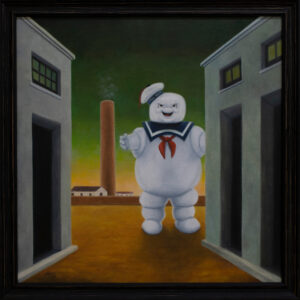 Painting based on Italian Square with Statue by Giorgio de Chirico with Stay Puft Marshmallow Man