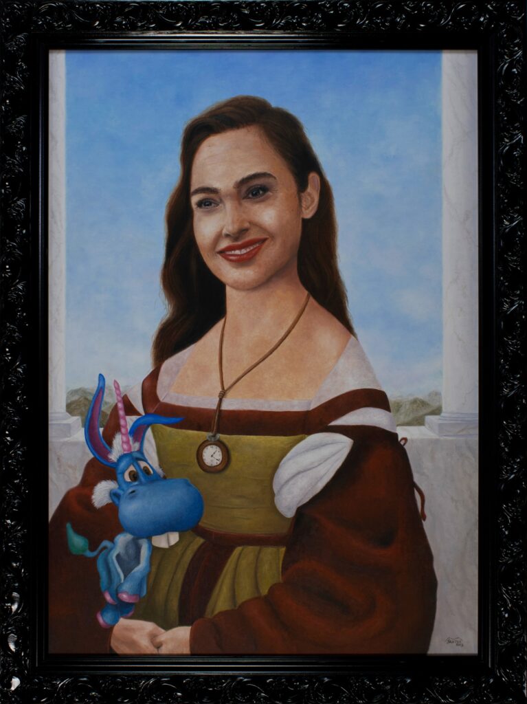 Obra de arte pop inspirada en Dama del unicornio Rafael con Wonder Woman y Happy. Pintura original de Marco Santos.