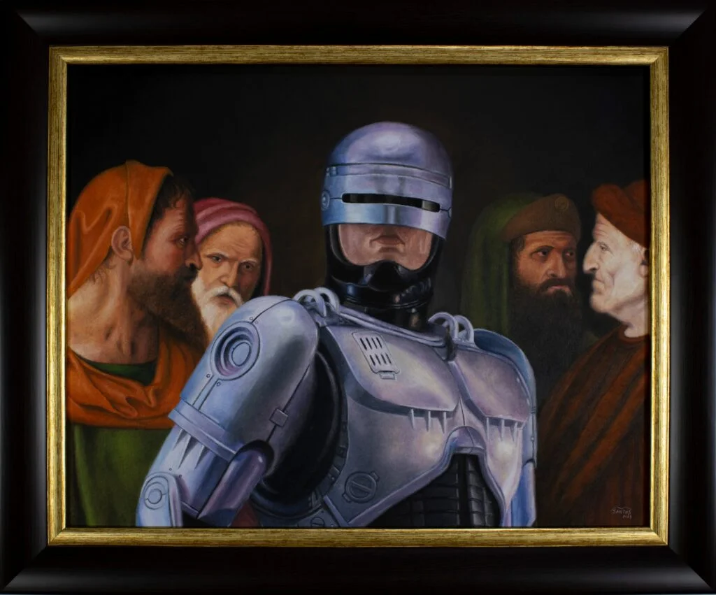 Obra de arte pop inspirada en Cristo entre los doctores de Benardino Luini con Robocop. Pintura original de Marco Santos.