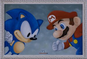 Fan art of a fight between Sonic and Mario