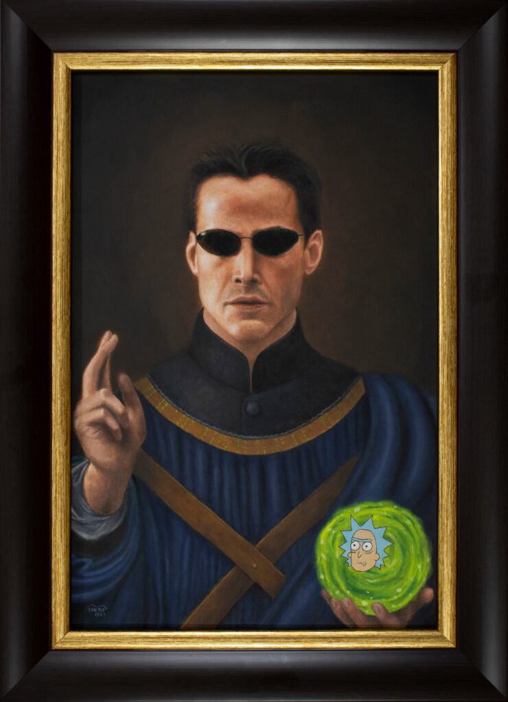 Obra de arte inspirada em Salvator Mundi de Leonardo Da Vinci com Neo de Matrix e Rick de Rick & Morty. Pintura original de Marco Santos.