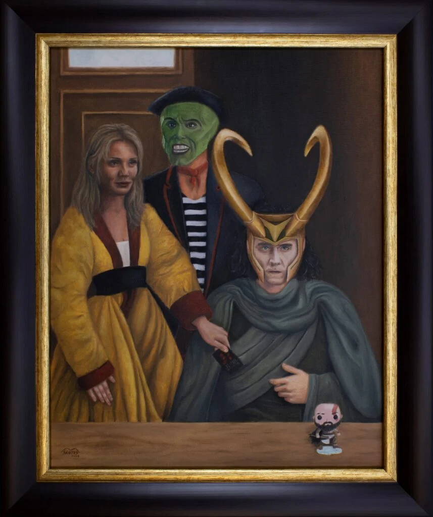Obra de arte pop inspirada en "Un orfebre en su taller" de Petrus Christus, con personajes de Loki, La Máscara y Tina. Pintura original de Marco Santos.