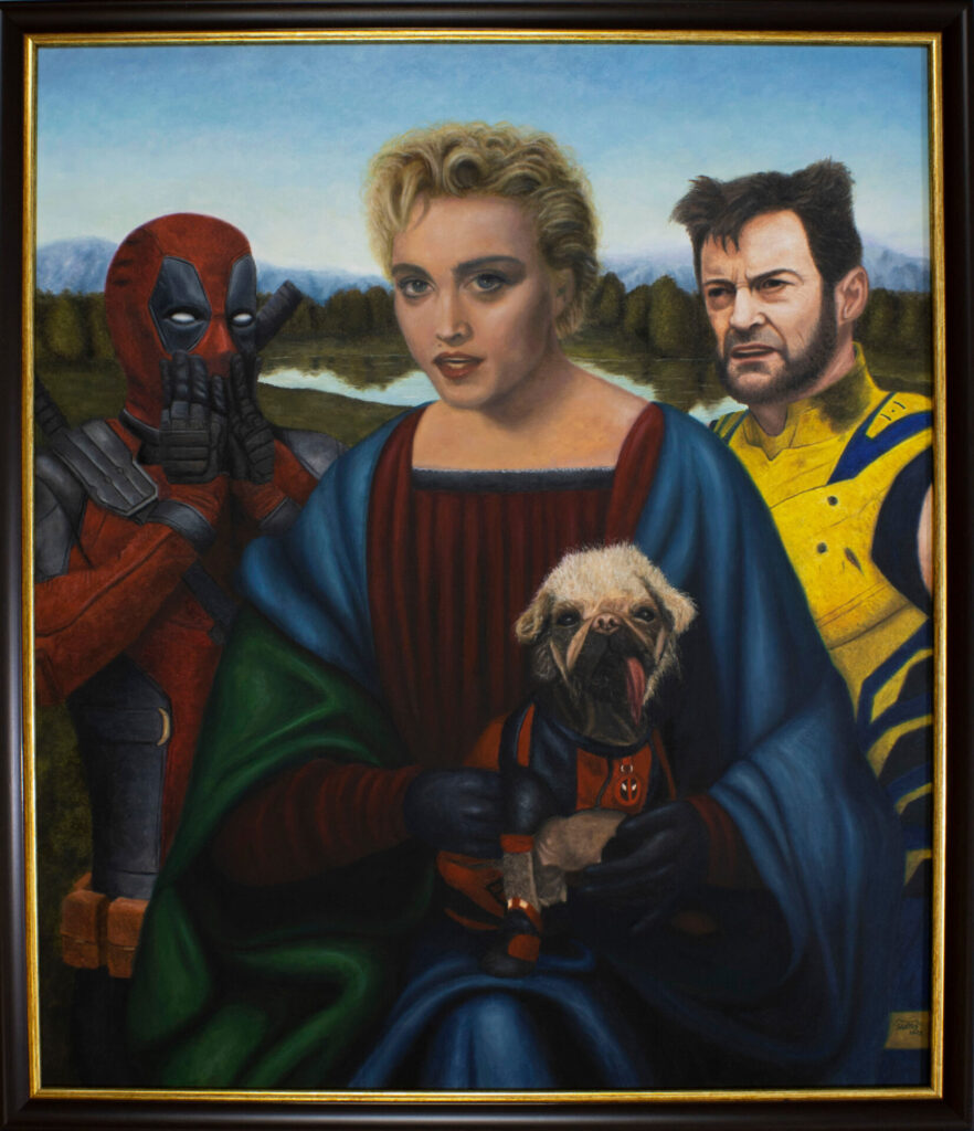 Obra de arte pop inspirada en "La Virgen con el Niño y los Santos Francisco y Jerónimo" de Francesco Francia, con personajes de Madonna, Dogpool, Deadpool y Wolverine. Pintura original de Marco Santos.