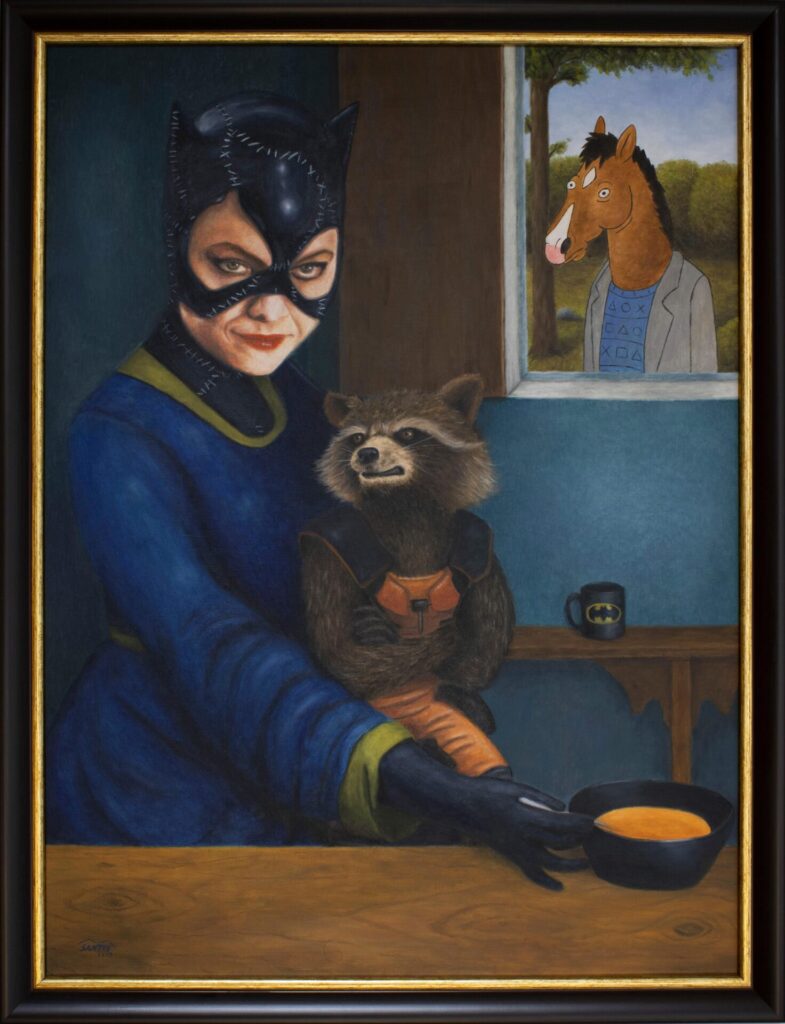 Obra pop art inspirada en "Madonna y el Niño con la sopa de leche" de Gerard David, con personajes de Catwoman, Bojack y Rocket Raccoon. Pintura original de Marco Santos.