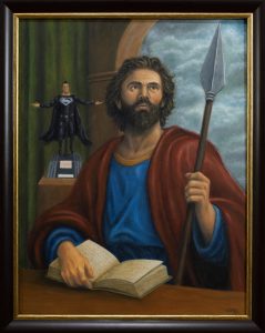 Arte pop de San Judas Tadeo con una figura de Superman, obra original de Marco Santos