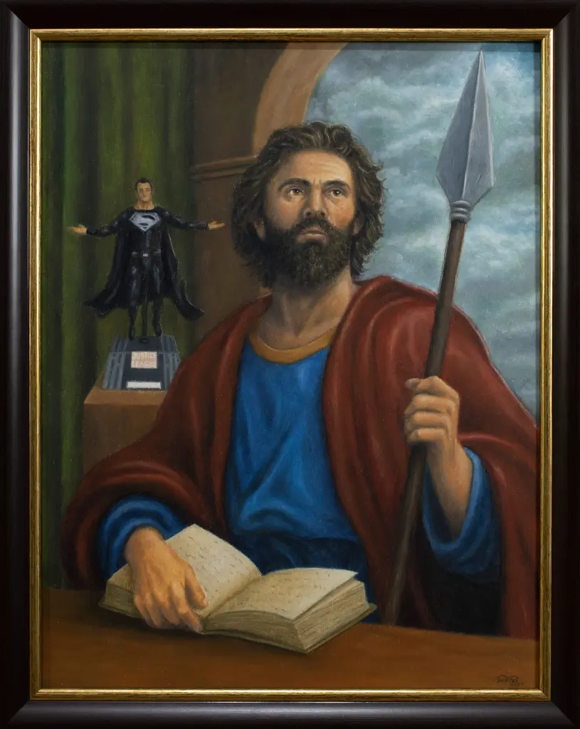 Arte pop de San Judas Tadeo con una figura de Superman, obra original de Marco Santos