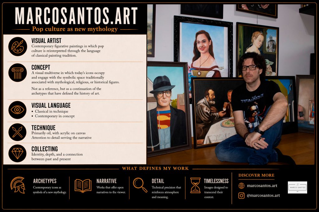 Marco Santos Artist | Pop Culture as New Mythology Marco Santos surrounded by contemporary figurative paintings inspired by pop culture and classical art.