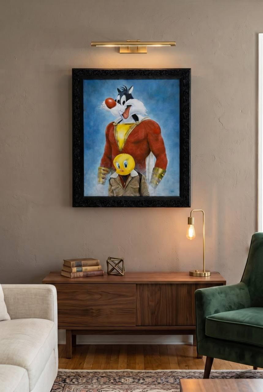 His name is Captain Sparkle Fingers displayed in a contemporary living room visualization