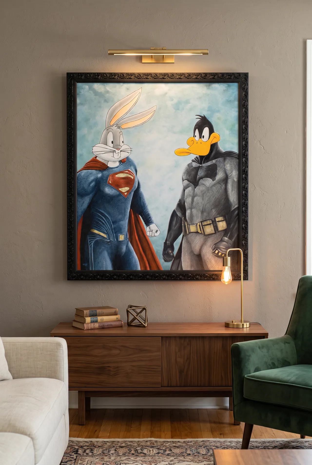 Batduck v Superbunny displayed in a contemporary living room visualization