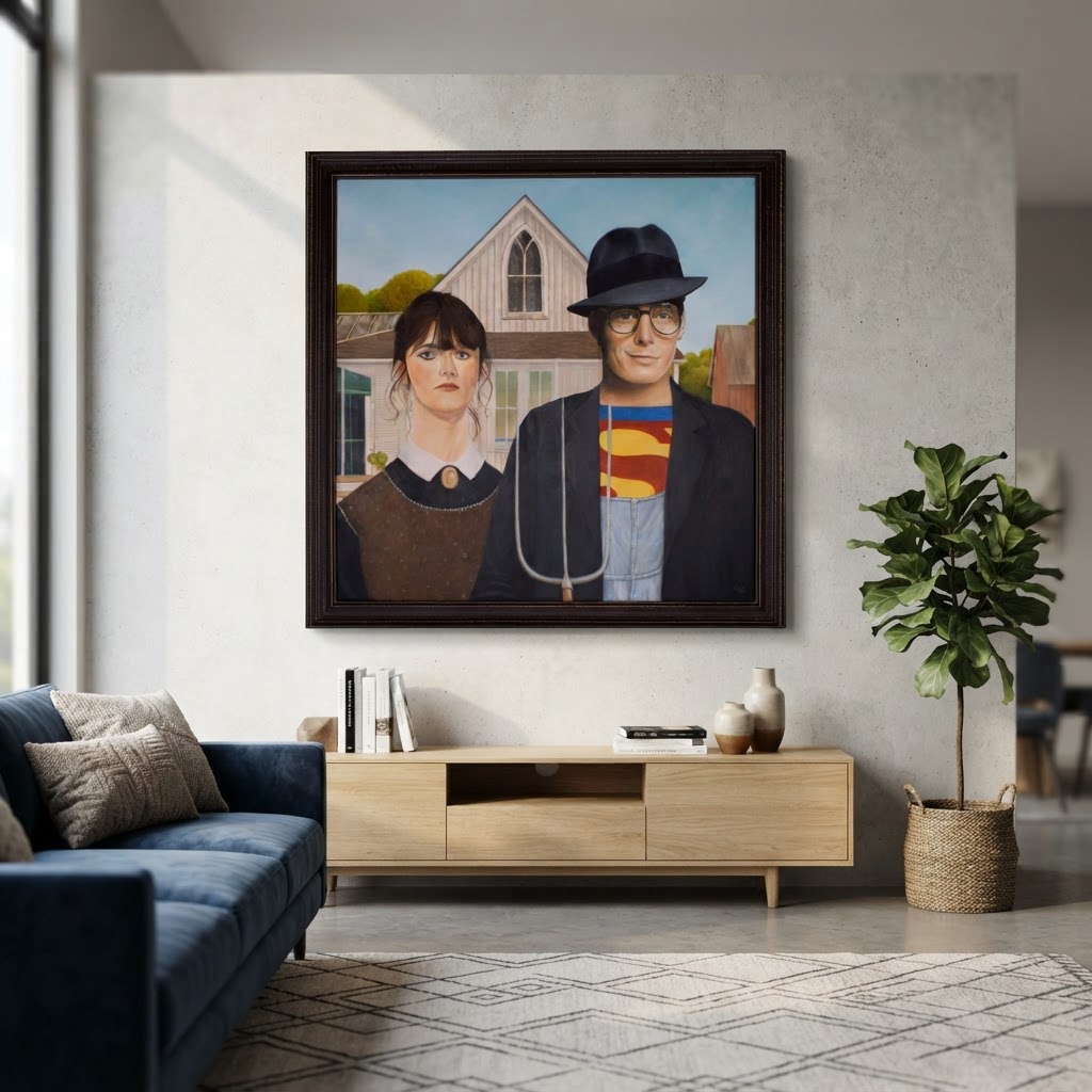 Visualização de uma sala contemporânea com a obra American Hero