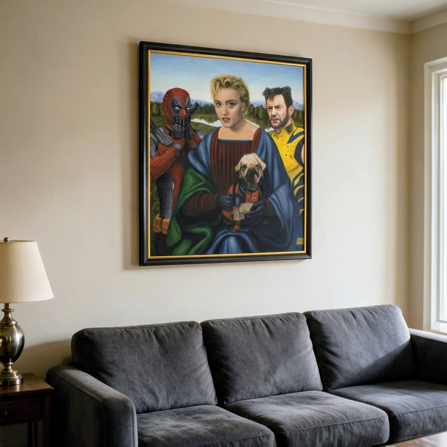Visualização de uma sala contemporânea com a obra Lady and Dog with Superheroes