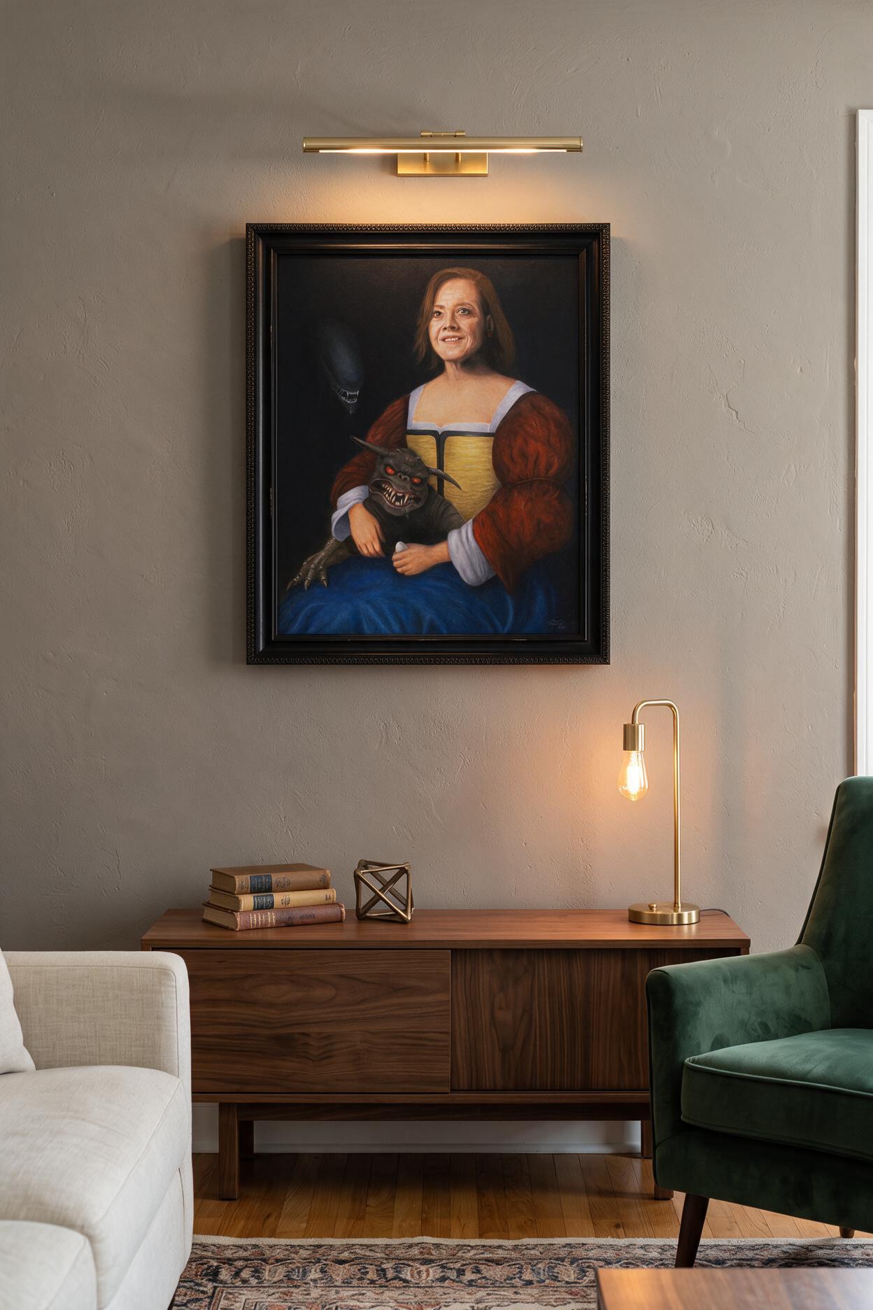 Visualização de uma sala contemporânea com a obra Lady with the Evil Creatures