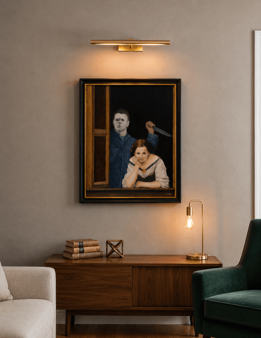 Visualização de uma sala contemporânea com a obra Murder at a Window