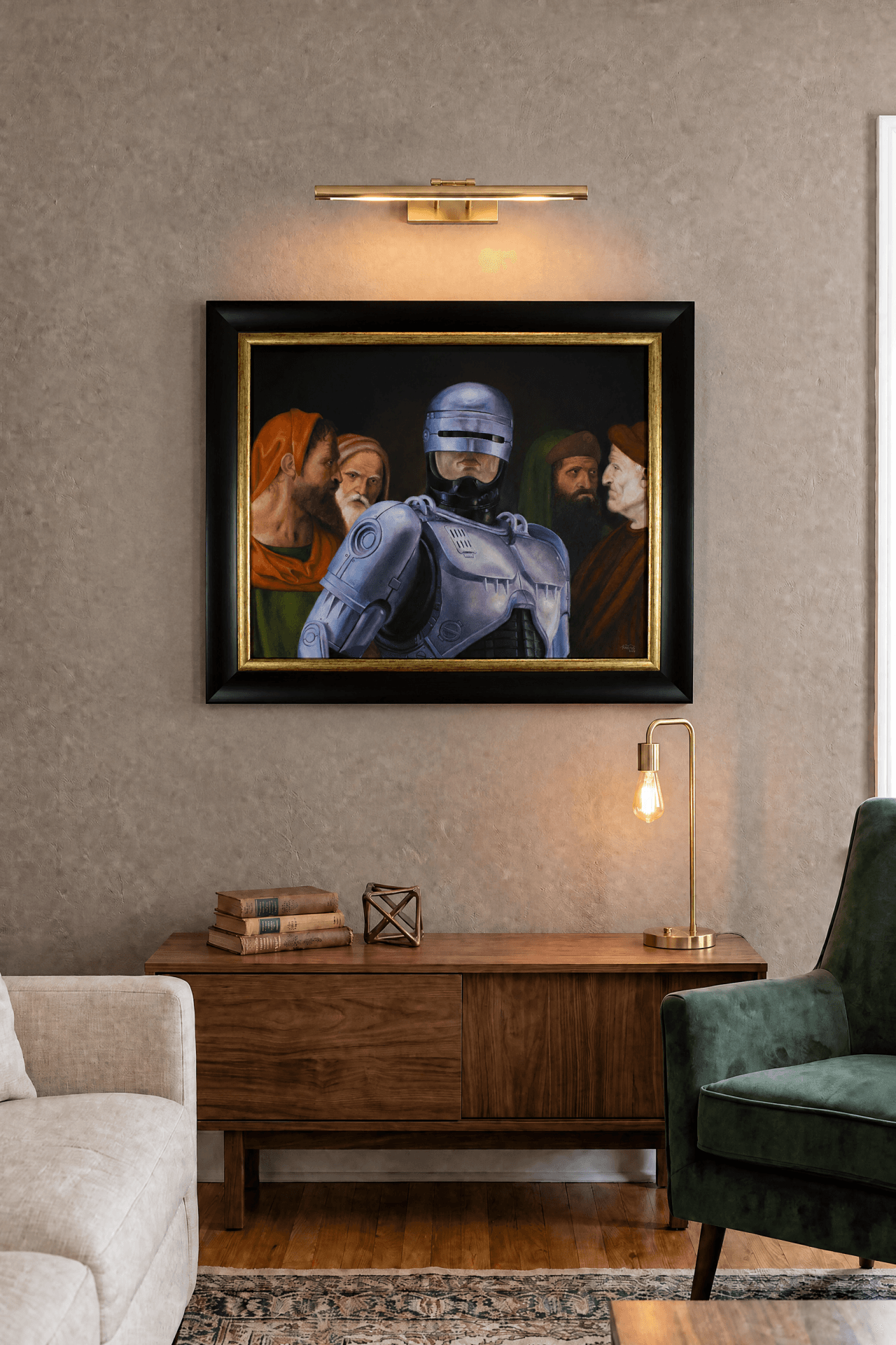 Visualização de uma sala contemporânea com a obra Murphy Among the Doctors