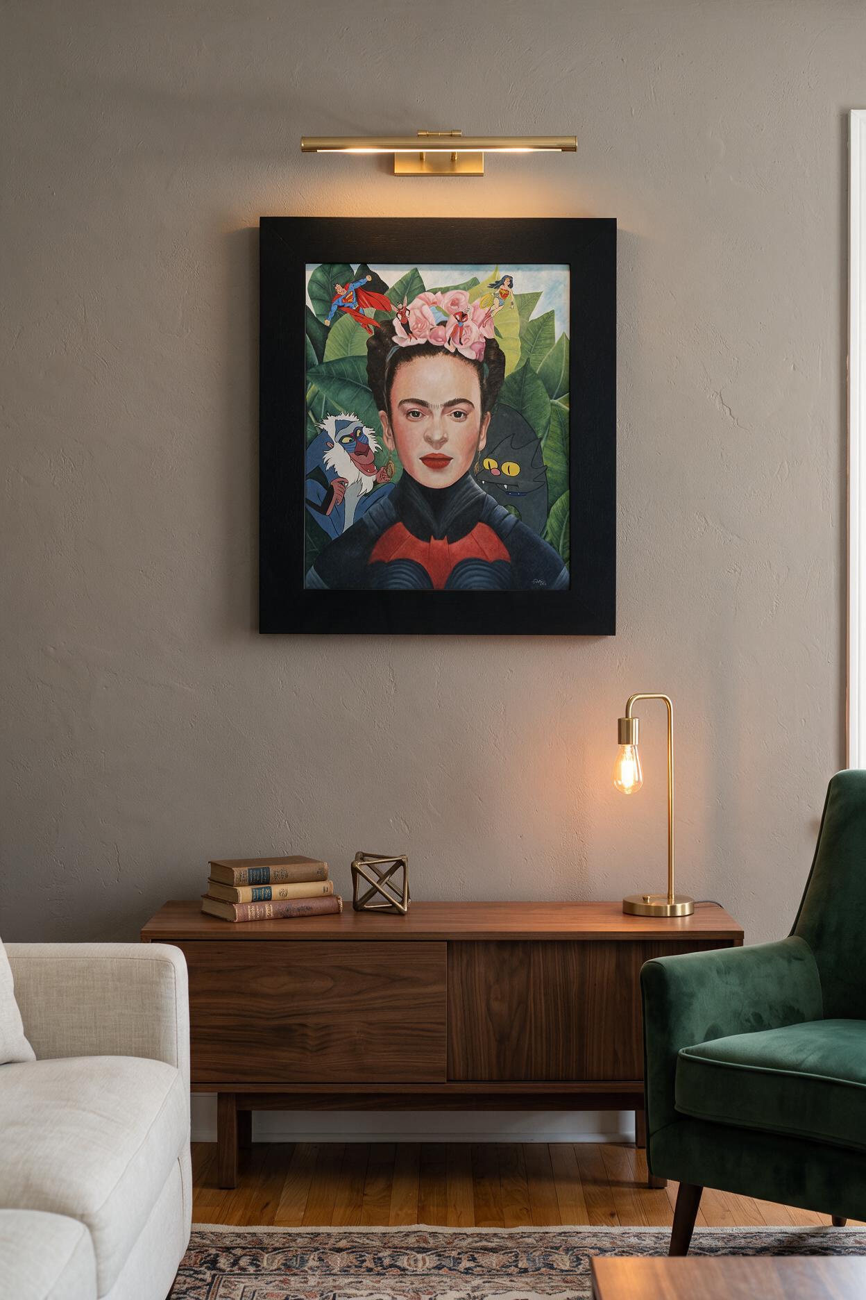 Visualização de uma sala contemporânea com a obra Retrato sin collar de espinas