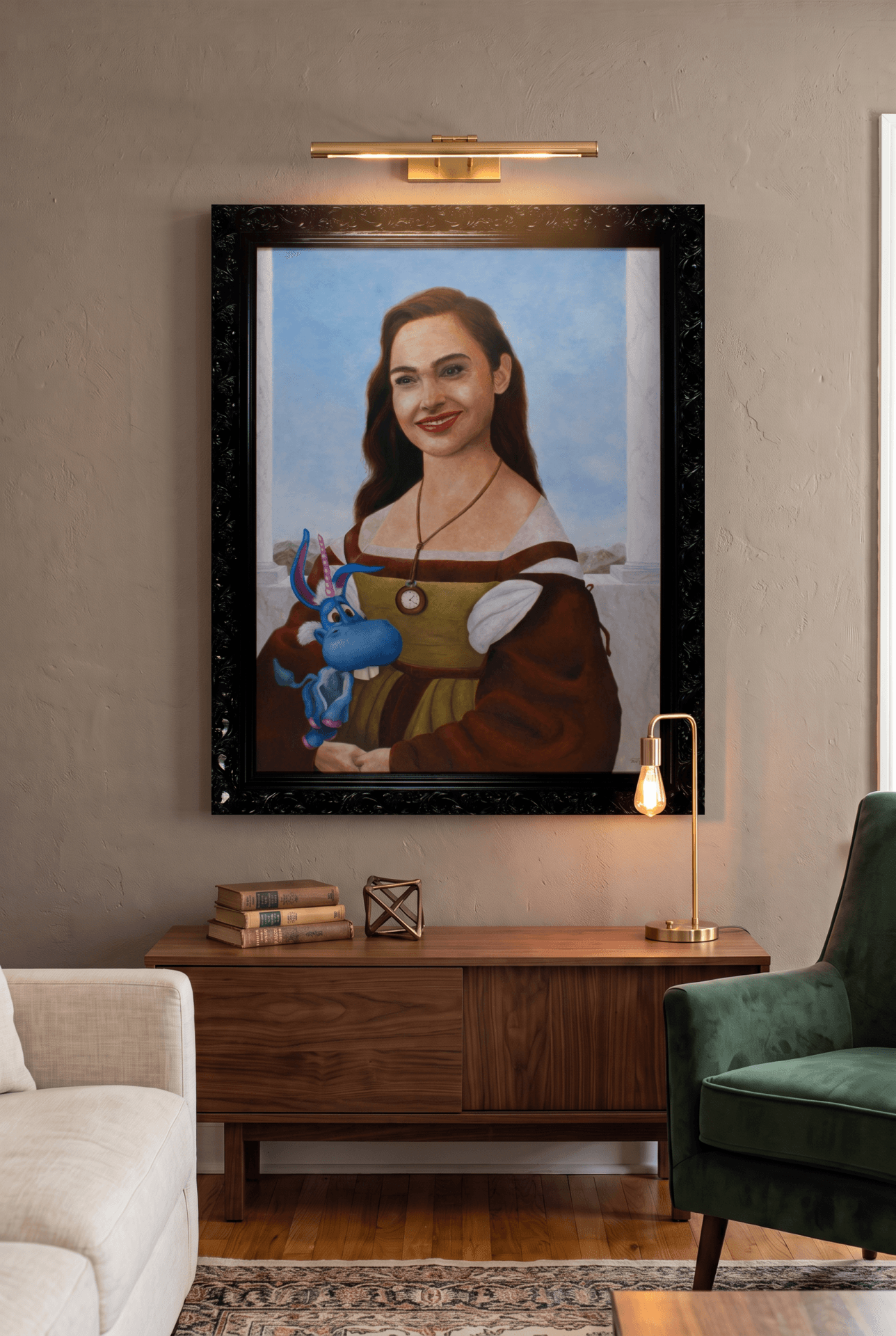 Visualização de uma sala contemporânea com a obra Wonder Lady with the Imaginary Unicorn
